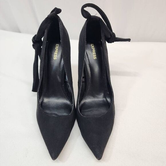 Express Size 10 Black Ankle Tie Pump Coquette Heels Women's Pointed Toe B - Picture 10 of 10
